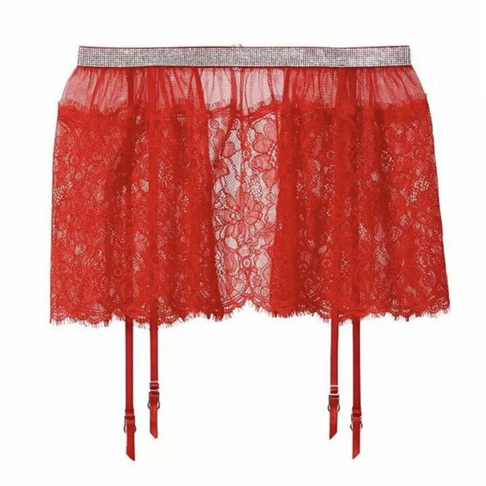 Victoria's Secret Very Sexy Red Lace Shine Embellished Skirt Garter M/L NWT